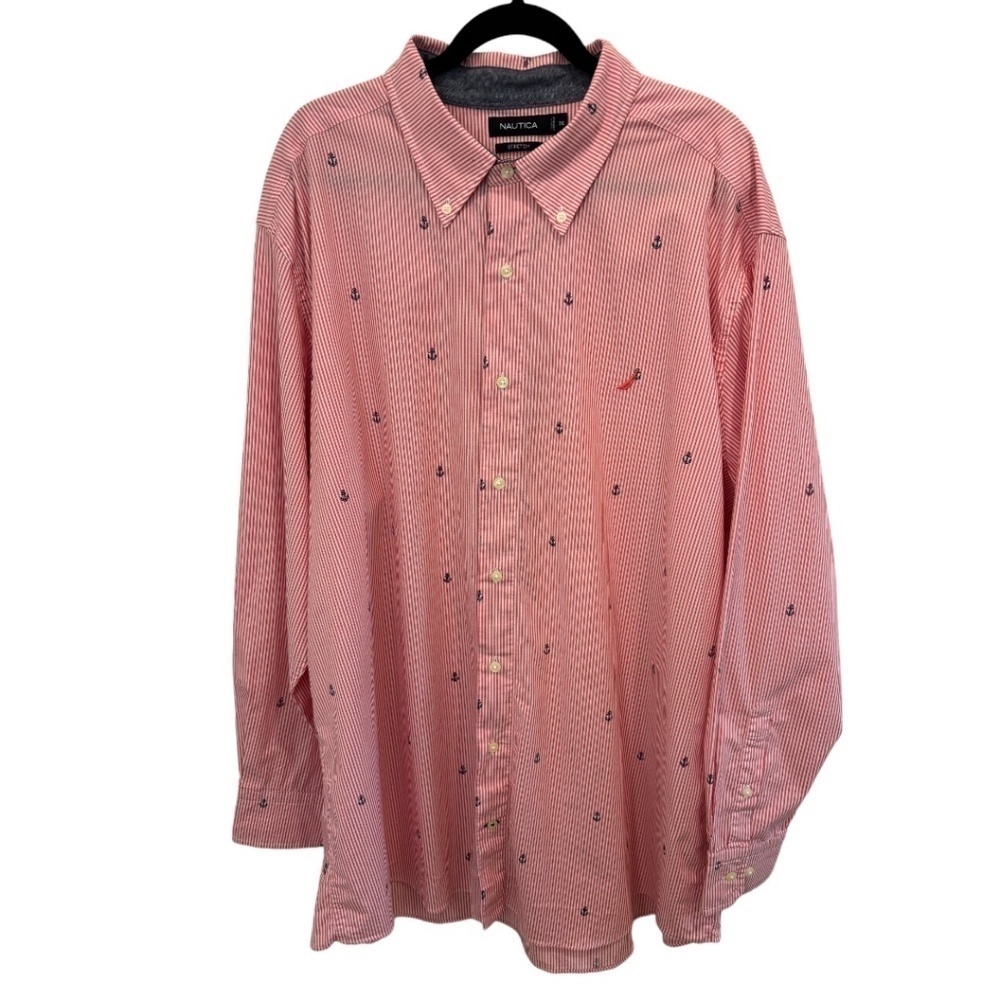 Nautica Men Pink Stripe Nautical Anchors Long Sleeve Button Down Shirt 2XL NWOT